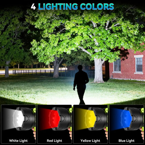 Rechargeable 2 Million Lumen Spotlight With Beastly Bright LED showing four lighting colors: white, red, yellow, and blue.