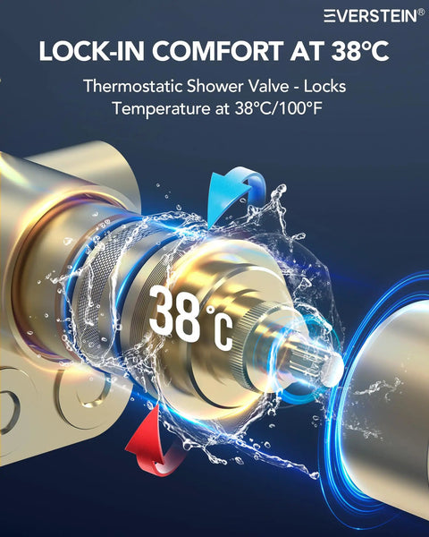 Premium 20 Inch Bathroom Shower System With Built In Bluetooth Speaker And 64 Color Led Mood Lights Brushed Gold overhead thermostatic valve showing water flow.
