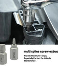 Close-up of 35 Piece Helical Screw Puller Kit With Left Hand Drill Bits And Multi Spline Pullers in use, highlighting the spline screw extractor.