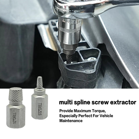 Close-up of 35 Piece Helical Screw Puller Kit With Left Hand Drill Bits And Multi Spline Pullers in use, highlighting the spline screw extractor.