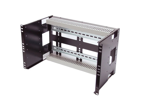 Front view of Beefy 6U Din Rail Panel for standard 19 inch server racks, adjustable height with 14 gauge steel, removable DIN rail and PVC duct.