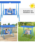 2 Seat Kids Patio Swing For Outdoor Fun And Chill With Adjustable Canopy And Safety Belt, shown in yard and garden setups.