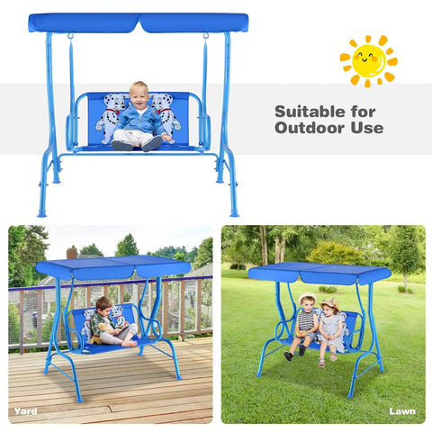 2 Seat Kids Patio Swing For Outdoor Fun And Chill With Adjustable Canopy And Safety Belt, shown in yard and garden setups.