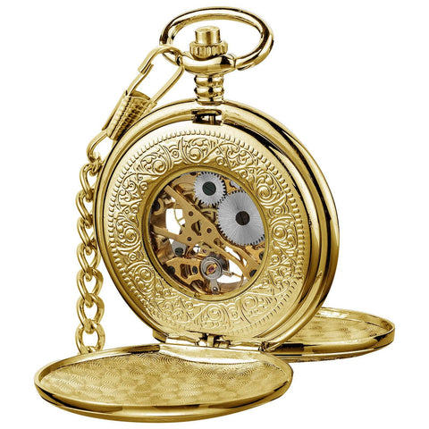 Gold Tone Skeleton Pocket Watch With Chain For Men, Half Hunter Double Cover, Mechanical Self-Winding Timepiece With Roman Numerals, Vintage Style That Feels Old-School Cool In Box