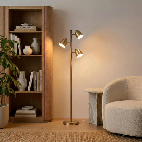 Tall LED Floor Lamp With Adjustable 3 Light Tree In Antique Brass Gold Finish For Living Rooms And Bedrooms Ultra Bright Lit Mood Lighting