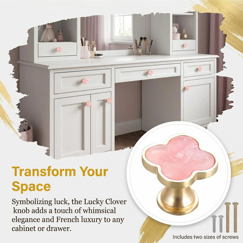 White vanity with Pink Cabinet Knobs 6 Pack Zinc Alloy Single Hole Drawer Pulls with Decorative 3 Leaf Style Door Handles installed