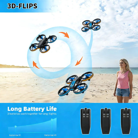 RC Drone With Auto Hovering And Headless Mode Quad Copter With LED Lights and 3D Flips flying on a beach with woman