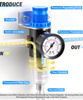 One Quarter Inch NPT Air Filter Regulator Kit With Gauge For Compressors 0 To 145 PSI 5 Micron Brass Element, detailed parts view