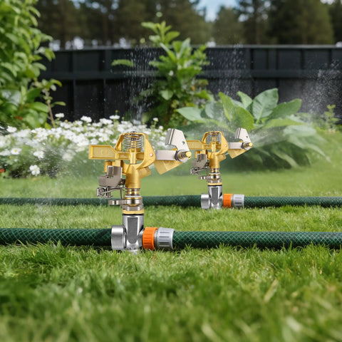 Two Pack Heavy Duty Brass Impact Sprinklers On Spike Base With Aluminum Alloy Stand Adjustable 360 Degree Coverage for gardens