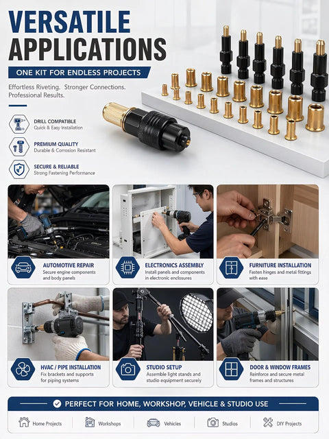 Mandrel Replacement Kit For M3 To M12 Rivet Nuts With Seven Mandrels And Seventy Press-In Nuts, Ideal For Thin-Walled Sheet Metal, Aluminum Tubing, And Plastic Fastening, Delivers Precise Permanent Threads; kit with mandrels and rivet nuts