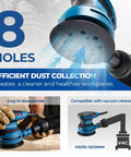 Zero Drama 5 Inch Random Orbital Sander That Delivers Heavy Hitter Power For Rapid Woodworking And Metal Polishing Tasks close-up of dust collection holes.