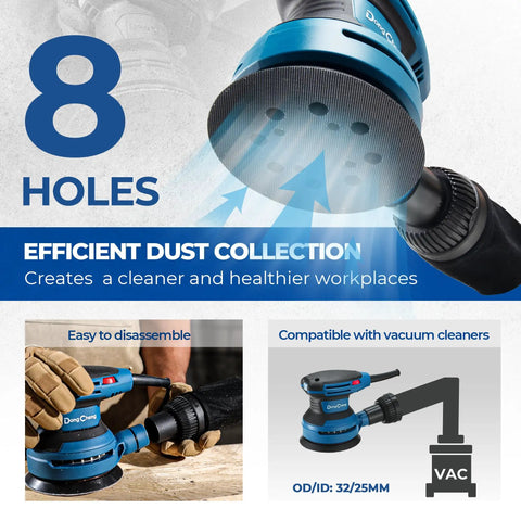 Zero Drama 5 Inch Random Orbital Sander That Delivers Heavy Hitter Power For Rapid Woodworking And Metal Polishing Tasks close-up of dust collection holes.