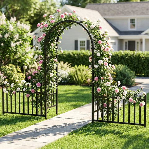 PVC Garden Arch Trellis With Fence For Climbing Plants Outdoor 91 Inch High Entryway Garden Gate Divider Black Finish Ideal For Weddings Parties Christmas And Birthday Decor, adorned with pink flowers