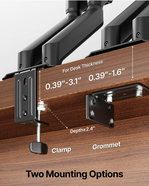 Built Tough Heavy Duty Dual Monitor Arm Stand With Full Motion Adjustment Fits 17 To 32 Inch Screens Supports 20 Lbs Per Arm showing mounting options