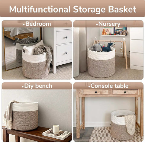 Cozy Cotton Rope Blanket Basket With Built In Handles, 15.8 X 15.8 X 13.8 Inches, used in bedroom, nursery, bench, table settings