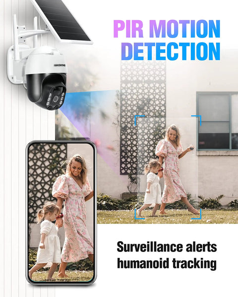 Solar Powered Wireless Outdoor Security Camera 3MP 2K Ultra HD displaying PIR Motion Detection and humanoid tracking feature.