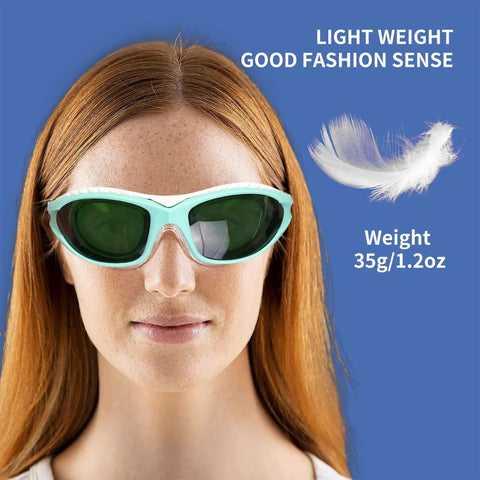 Heavy Duty Laser Protective Glasses Delivering Kickass Eye Safety For Salon Professionals snug fit with green lenses on a woman, weighing 35g.