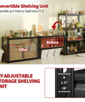 Convertible shelving unit split 2+2, black steel frame and MDF shelves, adjustable 1.5-inch spacing for pantry storage.