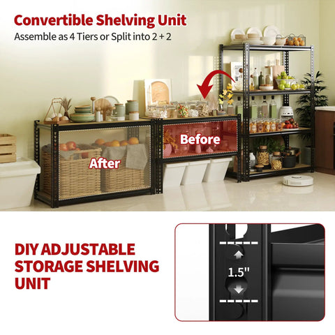 Convertible shelving unit split 2+2, black steel frame and MDF shelves, adjustable 1.5-inch spacing for pantry storage.