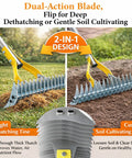 Dual-action blade of Easy Lawn Thatch Rake for Moss and Dead Grass showing detachable tines for dethatching and soil cultivating.