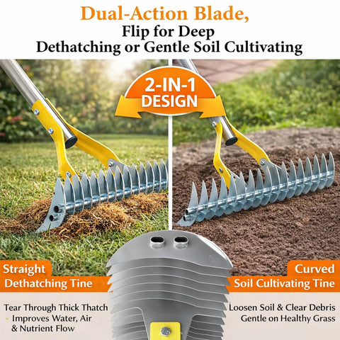 Dual-action blade of Easy Lawn Thatch Rake for Moss and Dead Grass showing detachable tines for dethatching and soil cultivating.