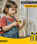 Child using a yellow-handled screwdriver from a kids' hand tool set, featuring kid-friendly rubber handles for safe DIY projects.