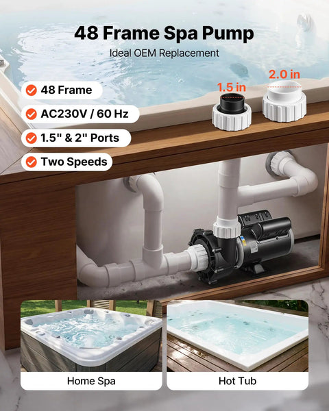Workhorse 3Hp TwoSpeed Hot Tub Pump For Spas With Smooth 48Frame Build And Dual 1Point5 And 2Inch Ports At 230V For No Fuss Water Circulation And Peak Output mounted under spa.