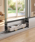 Heavy Duty Sliding Door Rollers Replacement Kit With Silent Stainless Steel Bearings For Silky Glass Track Glide Zero Drag Dual Wheel Patio Window Caster Parts Premium Upgrade Set close-up of rollers installed in track with glass door.