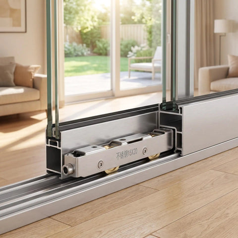 Heavy Duty Sliding Door Rollers Replacement Kit With Silent Stainless Steel Bearings For Silky Glass Track Glide Zero Drag Dual Wheel Patio Window Caster Parts Premium Upgrade Set close-up of rollers installed in track with glass door.