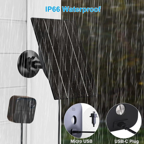 4W High Efficiency Solar Panel For Blink Outdoor Cameras, IP66 Waterproof, USB C And Micro USB Adapter, mounted in rain