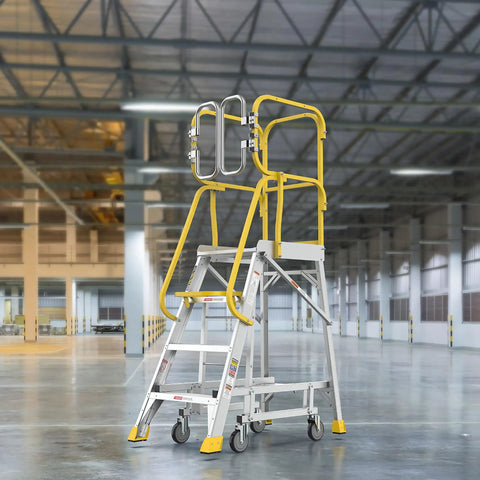 Heavy Duty Four Step Aluminum Rolling Platform Ladder Built Like A Tank For Warehouse Tasks Featuring Smooth Gliding Wheels And Super Grippy Nonskid Steps Rated For A Rock Solid Three Hundred Seventy Five Pound Load