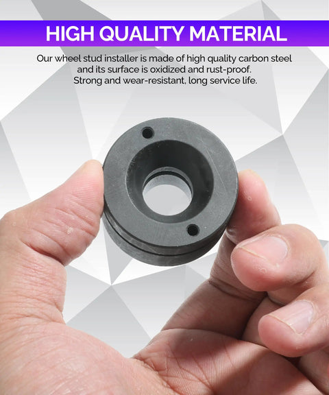 Hand holding Wheel Stud Installer Tool For Cars And Light Trucks, Pro Grade Carbon Steel, Rust Resistant, close-up view.