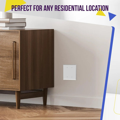 Oversized Two Gang Blank Outlet Cover For Heavy Duty Walls Built Tough With Unbreakable Polycarbonate Thermoplastic UL Listed Gloss White Wall Plate Measuring Five Point Five Inches By Five Point Five Inches No Cutouts installed on a wall next to a wooden cabinet.