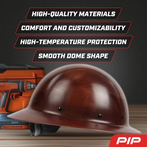 WolfJaw Fiberglass Full Brim Hard Hat with Wheel Ratchet, ANSI Z89.1 Type 1, smooth dome shape displayed on table