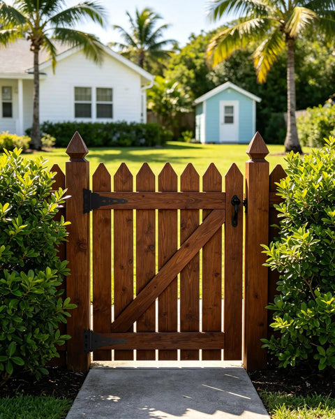 Wooden gate with Heavy Duty Gate Butt Hinges for Wooden Fences and Shed Doors built to take a beating, easy install and rugged outdoors.