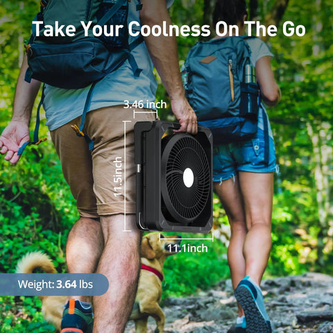 11.5 Inch Portable Solar Powered Fan With Battery Backup displayed outdoors with hikers