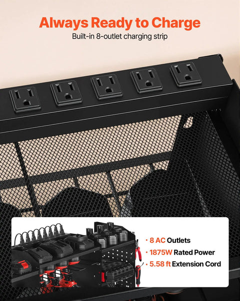 Power Tool Organizer With Charging Station And Eight Outlet Power Strip Three Tier Tool Rack close-up of outlets