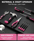 157 Piece Pink Cordless Drill Tool Set With LED Light And Variable Speed featuring ergonomic tools with pink accents.