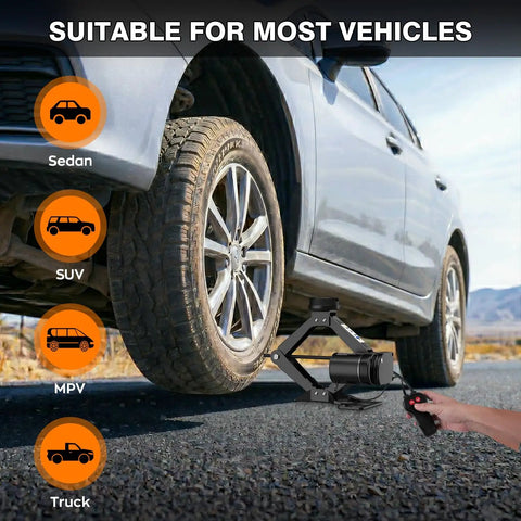 Heavy Duty Electric Car Jack With 3 Ton Lift Capacity Portable Tire Swap Kit For Suv And Pickup Quick Roadside Rescue zero fuss, in use under SUV tire.