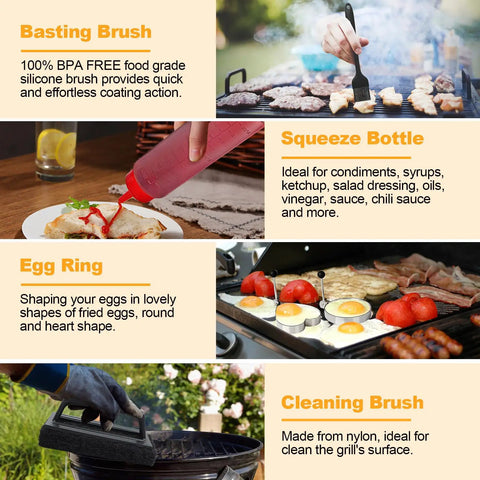 Ultimate 29 Piece Griddle Accessories Kit For Blackstone And Camp Chef includes basting brush, squeeze bottle, egg ring, cleaning brush