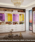 Image of White Modular Closet System, Set Of 4 With 12 Drawers And 8 Rods, displaying organized dresses and easy-access storage.