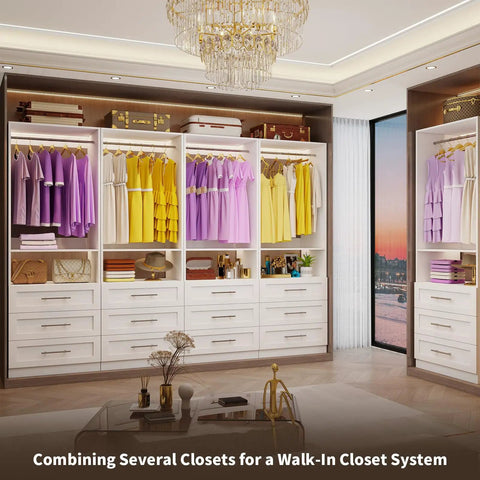 Image of White Modular Closet System, Set Of 4 With 12 Drawers And 8 Rods, displaying organized dresses and easy-access storage.