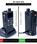 Beefed Up Tri Band 10 Watt Portable Two Way Radio with GPS and NOAA Weather Alerts shown with charging base and USB-C cable