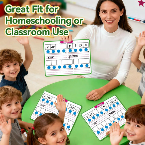 Teacher using Phonemic Awareness Dry Erase Flash Cards Set For Phonics Practice With Elkonin Boxes in classroom.