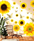 39 Piece 3D Sunflowers And Butterflies Wall Decals Set With Gold Accents on living room wall, featuring vibrant sunflowers and butterflies.