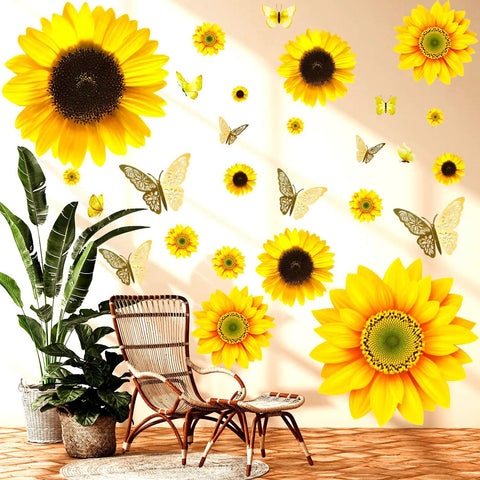 39 Piece 3D Sunflowers And Butterflies Wall Decals Set With Gold Accents on living room wall, featuring vibrant sunflowers and butterflies.