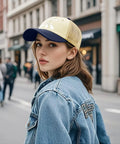 Woman wearing Cool Bugs Baseball Hat For Men And Women Trucker Cap with Ventilated Top Air Holes, denim jacket