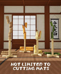 Natural Rubberwood Kendo Tameshigiri Practice Stand for Heavy Duty Sword Training with various items cut, in a dojo.