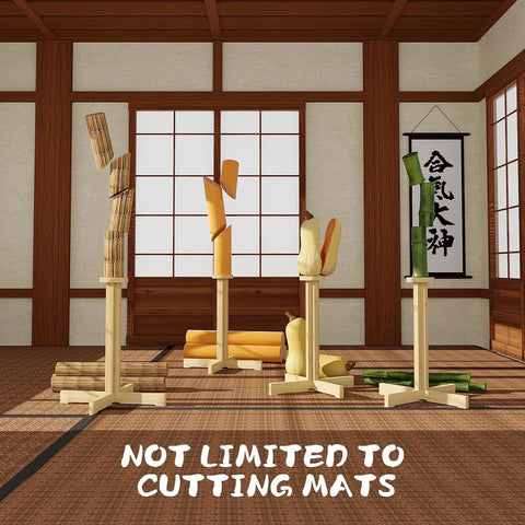 Natural Rubberwood Kendo Tameshigiri Practice Stand for Heavy Duty Sword Training with various items cut, in a dojo.