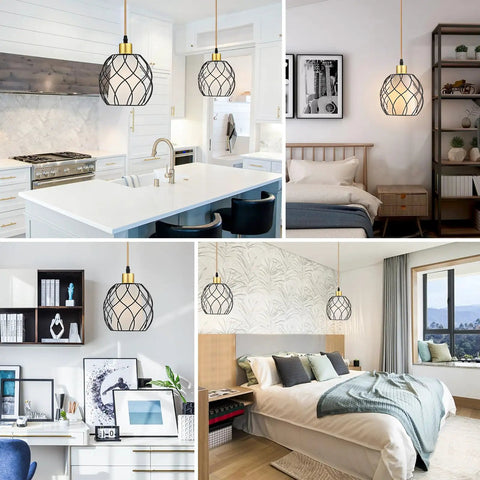 Plug In Pendant Light With Linen Shade For Industrial Farmhouse Style Black Ceiling Lamp On 15ft Golden Cotton Cord Dimmable Switch Eye Friendly Soft Light Perfect For Kitchen Island Or Living Room Bulb Included in various room settings